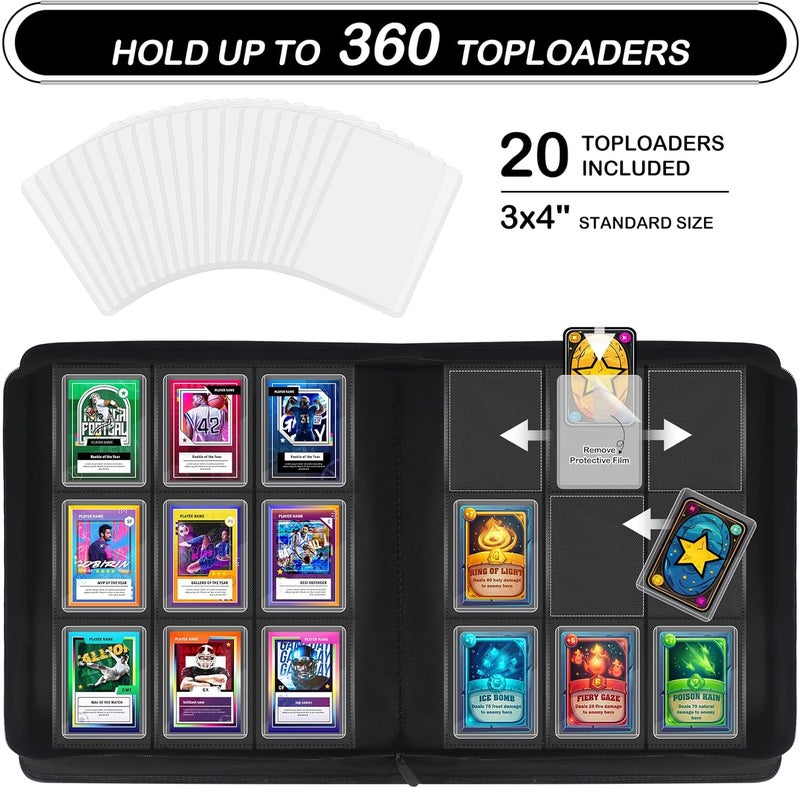 WITHYU Toploader Binder 9 Pocket for 3"x4" Rigid Cards, Holds 360 Pockets with 20 Toploaders Included, Trading Card Binder Album for TCG MTG Sports Collection (Black) - Image 2